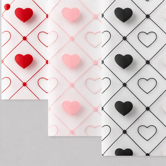 Folia florystyczna matowa półprzezroczysta z motywem serc w arkuszach 58×58 cm, 20 arkuszy