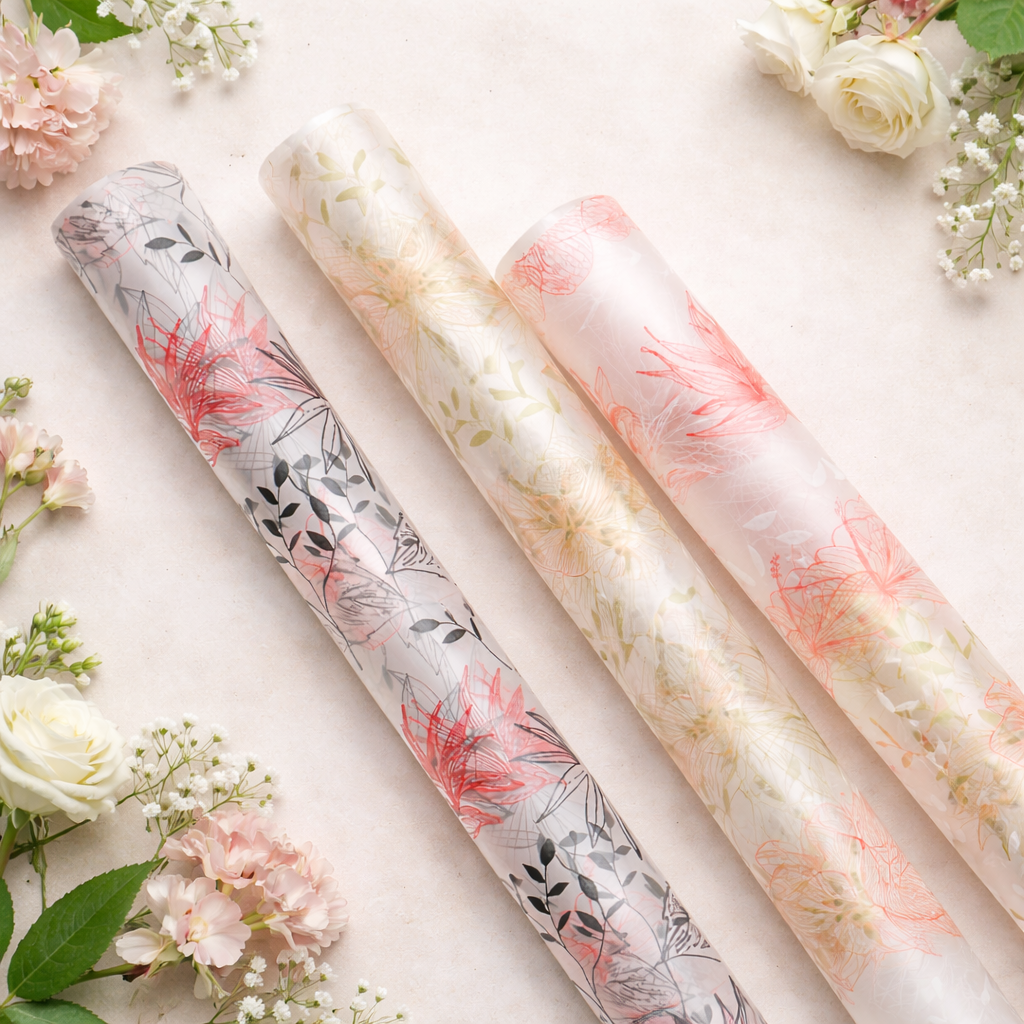 folia florystyczna półprzezroczysta wzór roślinny